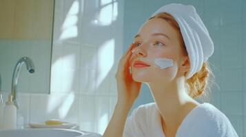 Woman Applying Facial Mask in Bright Bathroom During Morning Skincare Routine photo