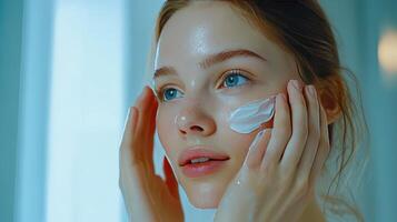 Young Woman Applying Skincare Cream at Home in Morning Light for a Refreshing Routine photo