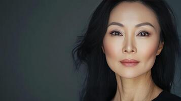 Elegant Portrait of a Woman With Dark Hair in Soft Lighting Against a Neutral Background photo