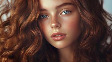 Captivating Portrait of a Young Woman With Flowing Red Hair and Striking Blue Eyes in Soft Natural Lighting photo