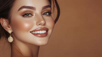 Stunning Woman With Makeup and Elegant Earrings Against a Warm Background Smiling Brightly photo