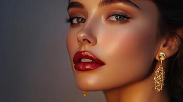 Stunning Close-Up of a Model With Bold Lipstick and Elegant Jewelry in Soft Lighting photo