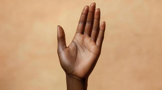 Open Hand Gesture Displaying Palm on Neutral Background in Indoor Setting photo