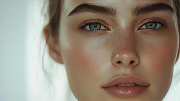 Close-Up Portrait of a Young Woman With Natural Makeup, Soft Light and Clear Eyes in a Minimalist Indoor Setting photo