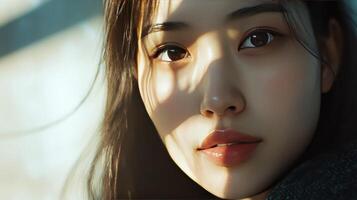 A Young Woman Gazes Thoughtfully With Natural Light Casting Shadows on Her Face photo
