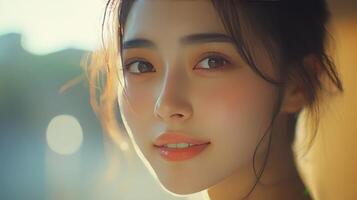 Captivating Portrait of a Young Woman With Natural Beauty in Soft Evening Light photo