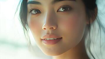 Young Woman Smiling Gently With Sunlight Reflecting on Her Face in a Natural Setting photo