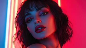 Portrait of a Young Woman With Bold Makeup Posing Under Neon Lights in a Studio Setting at Night photo