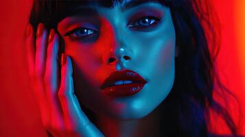 Close-Up Portrait of a Woman With Striking Features in Neon Lighting photo