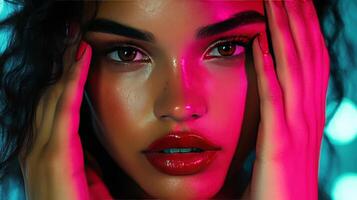 Young Woman With Bold Red Lips Touching Her Face Under Vibrant Neon Lights photo
