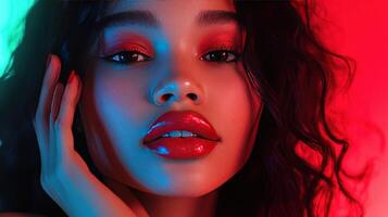 Vibrant Portrait of a Woman With Glossy Lips and Colorful Lighting in a Studio Setting photo