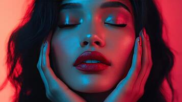 Captivating Portrait of a Woman With Closed Eyes and Bold Lips Under Colorful Lighting photo