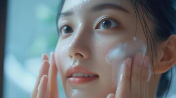 Young Woman Gently Cleansing Her Face With Foam in Natural Light During Morning Skincare Routine photo
