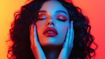 Beauty Portrait of a Young Woman With Stunning Makeup Against a Vibrant Gradient Background photo