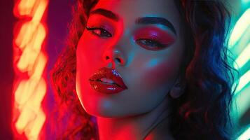 Captivating Portrait of a Woman With Glossy Lipstick Beneath Neon Lights in a Studio photo