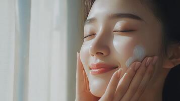 Young Woman Enjoying Morning Skincare Routine Near Window With Natural Light in Cozy Room photo
