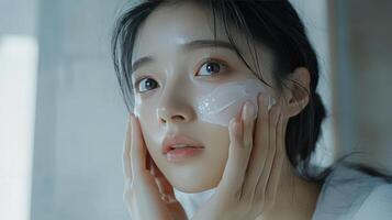 Young Woman Applying Facial Mask in Bright Room During Daytime for Skincare Routine photo