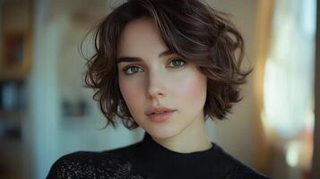 Young Woman With Short Hair Posing in Soft Light During Afternoon Indoor Gathering photo