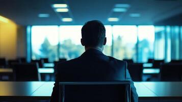 Business Professional Reflecting in an Empty Conference Room During Late Afternoon photo