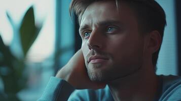 Contemplative Young Man Sitting by a Window During Late Afternoon Light in a Cozy Indoor Space photo