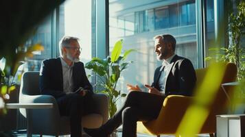 Two Professionals Engaged in Discussion Inside Modern Office Space During Daytime photo