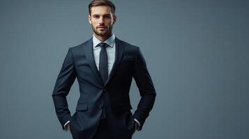 Stylish Young Man Posing Confidently in a Dark Suit Against a Minimalist Background photo