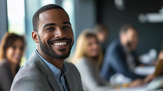Professional Man Smiling During Business Meeting in Modern Office Setting With Colleagues Present photo