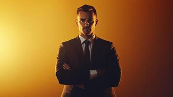 Confident Businessman Posing in Formal Attire Against a Warm Backdrop During Evening Hours photo