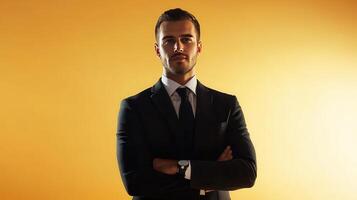 Confident Businessman in Suit Standing Against a Warm Orange Background During Evening Event photo