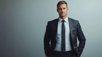 Confident Business Professional Posing in a Sharp Suit Against a Neutral Background photo