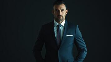 Confident Businessman Posing Against Dark Background in Formal Attire During Evening Indoor Photoshoot photo