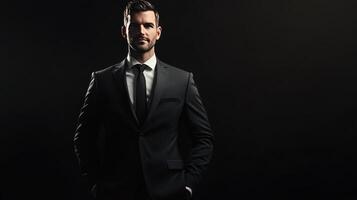 Elegant Man in Black Suit Posing Confidently Against Dark Background at Nighttime photo
