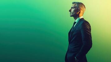 Elegant Businessman Standing Confidently Against a Gradient Background in a Studio Setting photo