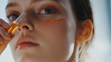 Young Woman Applying Bright Orange Serum on Her Face in A Softly Lit Setting photo