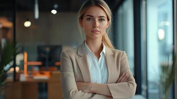 Confident Businesswoman Standing in Modern Office Space With Arms Crossed in Bright Natural Light photo