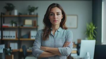 Confident Businesswoman Standing in Modern Office Environment With Crossed Arms photo