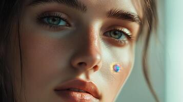 Young Woman With Expressive Eyes Gazing Softly Near a Window in Natural Light photo