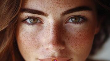 Young Woman With Freckles and Green Eyes Smiling Calmly in Natural Light photo