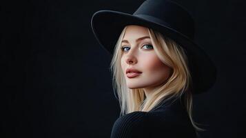 Elegant Woman Wearing a Black Hat Posed Against a Dark Background in Soft Lighting photo