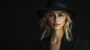 Woman With Flowing Hair Wearing a Black Hat in a Studio Setting at Dusk photo