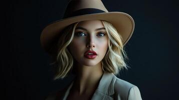 Elegant Woman in a Wide-Brimmed Hat Posing Against a Dark Background photo