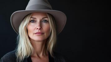 Elegant Woman in Stylish Hat Posing Against Dark Background in Early Evening Light photo
