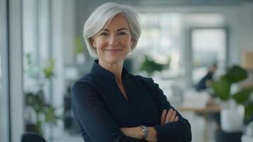 Confident Business Professional Smiling in Modern Office Environment During Daytime photo
