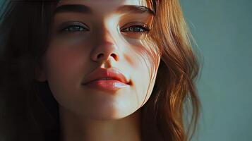 Close-Up Portrait of a Young Woman Bathed in Soft Natural Light in a Serene Indoor Space photo