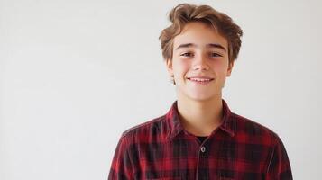 A Young Boy in a Red Checkered Shirt Smiling Against a Plain White Background photo