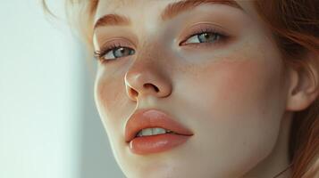 Close-Up Portrait of a Young Woman With Striking Features and Natural Makeup in Soft Natural Light photo