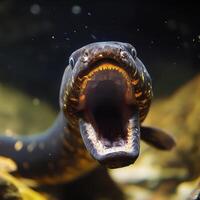 Eel Swimming in Freshwater Habitat With Open Mouth Displaying Sharp Teeth at Midday photo