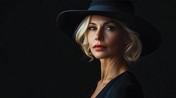 Elegant Woman With Blonde Hair in a Wide-Brimmed Hat Posing Softly Against a Dark Backdrop in a Studio Setting photo