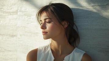 Young Woman Leaning Against Textured Wall in Soft Afternoon Light With Natural Expressions photo