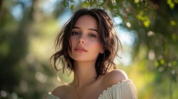 Young Woman With Soft Features Posing Amidst Lush Greenery on a Sunny Day photo